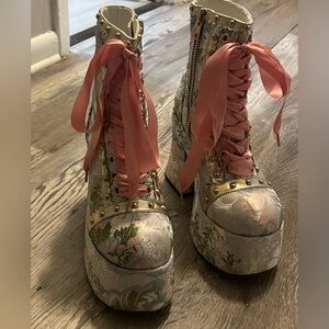 Dolls Kill Floral Lace-Up Platform Boots with Pink Ribbons